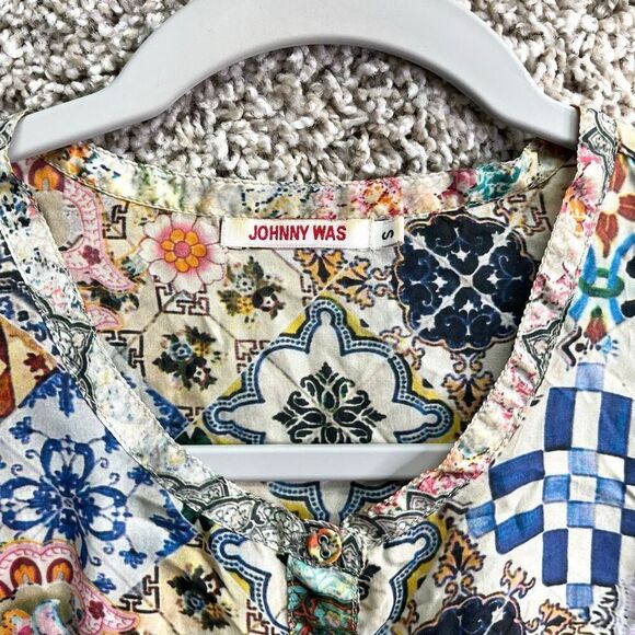 Johnny Was Top Women’s Small Jessner Abstract Patchwork Silk Popover Tunic - Picture 2 of 6